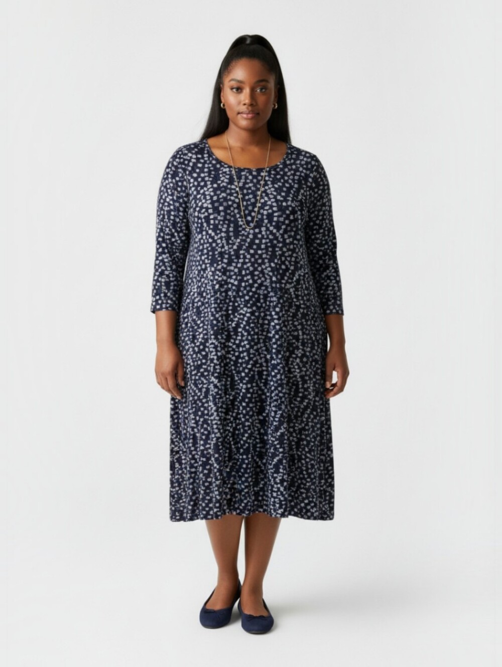 Chelsea Studio 1X-2X Navy Dress With White And Tan Polka Dots NWOT Stretchy